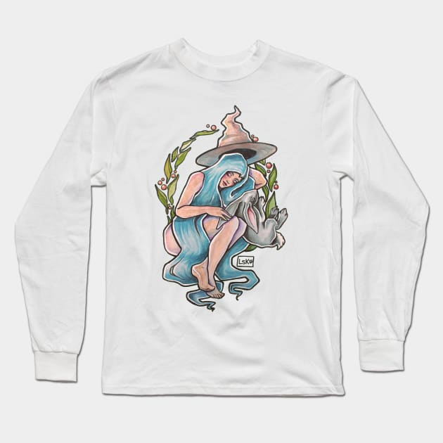 hand watercolour drawing "The witch with blue hair and her totem" Long Sleeve T-Shirt by LsK House